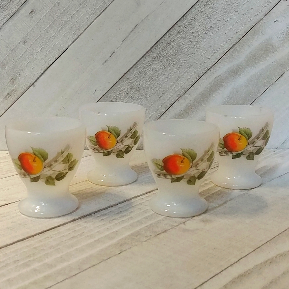 Vintage 4 Milk Glass Apple And Leaf Pattern Egg Cups